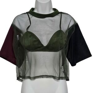 Womens Sheer Mesh Colorblock Crop Top Olive Green Bralette Medium
